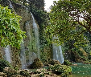 Wodospad, Wietnam, Drzewa, Ban Gioc Waterfall, Skały