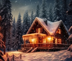Śnieg, Świerki, Zima, Drzewa, Światła, Las, 2D, Dom