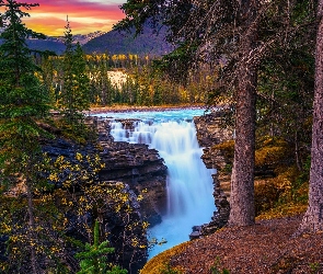 Drzewa, Athabasca Waterfall, Alberta, Zachód słońca, Wodospad, Kanada, Park Narodowy Jasper
