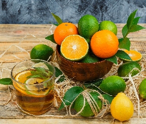 Deski, Szklanka, Miska, Owoce, Lemoniada, Pomarańcze, Limonki