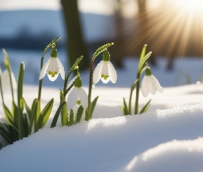 Białe, Promienie słońca, Śnieg, Przebiśniegi, Kwiaty