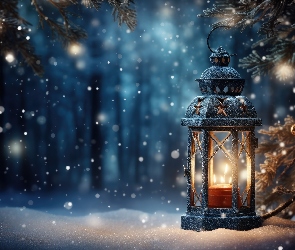 Grafika, Śnieg, Lampion, Święta