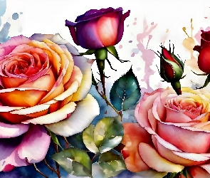 Kolorowe, Grafika, Akwarela, Kwiaty, Róże