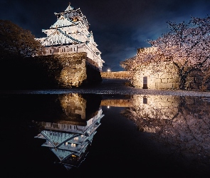 Miasto Osaka, Mur, Zamek Osaka, Japonia, Drzewo, Oświetlony, Brokatowy Zamek