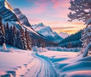 Droga, 2D, Góry, Drzewa, Zima