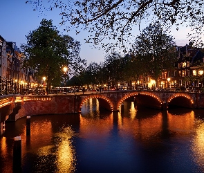 Amsterdam, Kanał, Most, Latarnie, Holandia