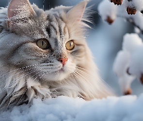 Zima, Gałązka, Kot, Śnieg