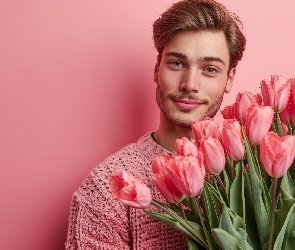 Kwiaty, Tulipany, Różowe, Bukiet, Mężczyzna