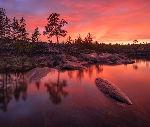 Skały, Zachód słońca, Karelia, Drzewa, Ładoga, Rosja, Jezioro