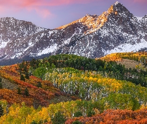 Kolorado, Mount Sneffels, Stany Zjednoczone, Góra, Drzewa, Góry, Roślinność, Jesień