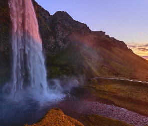 Skały, Islandia, Zachód słońca, Wodospad Seljalandsfoss, Góry