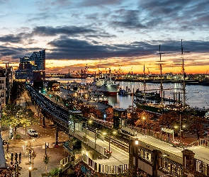 Hamburg, Okręty, Niemcy, Statki, Domy, Port, Ulica, Zachód słońca