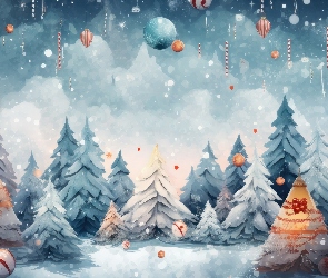 Grafika, Bombki, Boże Narodzenie, Drzewa