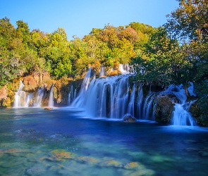 Lozovac, Promienie słońca, Wodospad, Chorwacja, Drzewa, Park Narodowy Krka, Skradinski Buk waterfall
