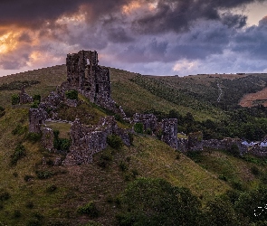 Wzgórza, Anglia, Zamek Corfe, Ruiny, Wschód słońca