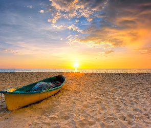 Niebo, Lato, Morze, Zachód słońca, Łódka, Piasek, Plaża