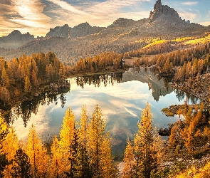 Jesień, Wschód słońca, Jezioro, Las, Mgła, Włochy, Federa Lake, Prowinca Belluno, Drzewa, Dolomity, Góry