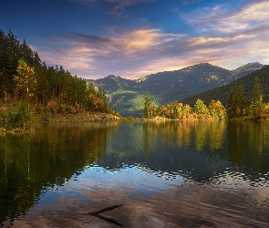 Niebo, Las, Jezioro, Jesień, Drzewa, Góry, Odbicie