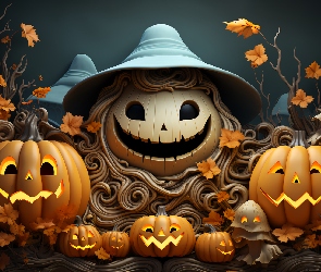 Świecące, Duszek, Halloween, Uśmiechnięty, Liście, Dynie, Grafika, Kapelusz