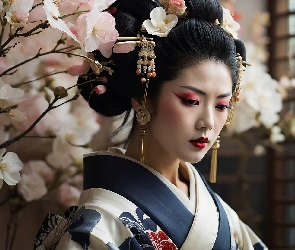 Magnolia, Kimono, Kobieta, Gejsza