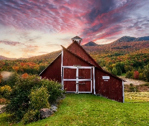 Stany Zjednoczone, Jesień, Drzewa, Stodoła, Krzewy, Las, Vermont, Stowe, Wzgórza