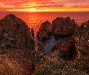 Algarve, Zachód słońca, Skały, Morze, Portugalia