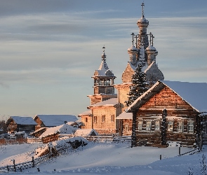 Obwód Archangielski, Zima, Rosja, Kimzha, Ogrodzenie, Wieś, Domy, Cerkiew