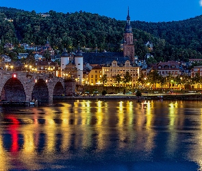 Niemcy, Noc, Kościół, Odbicie, Światło, Domy, Heidelberg, Most, Rzeka Neckar