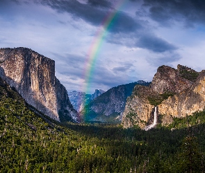 Stany Zjednoczone, Drzewa, Chmury, Lasy, Tęcza, Dolina, Kalifornia, Park Narodowy Yosemite, Góry