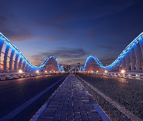 Zjednoczone Emiraty Arabskie, Niebo, Miasto, Chmury, Noc, Droga, Dubaj, Most, Meydan Bridge