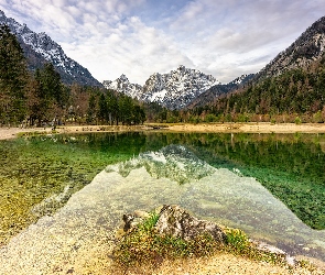 Góry, Las, Słowenia, Jasna Lake, Chmury, Jezioro, Odbicie, Drzewa