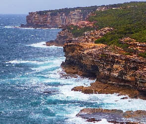 Klify, Nowa Południowa Walia, Royal National Park, Australia, Królewski Park Narodowy, Fale, Skały, Morze, Ocean