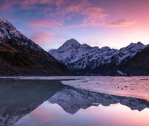 Hooker Lake, Jezioro, Park Narodowy Góry Cooka, Chmury, Góry, Nowa Zelandia, Dolina Hooker