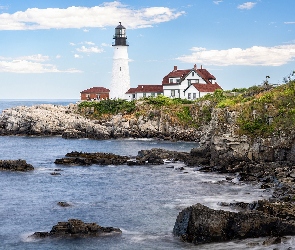 Stan Maine, Cape Elizabeth, Portland Head Light, Stany Zjednoczone, Skały, Latarnia morska, Morze