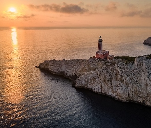 Anacapri, Wyspa Capri, Latarnia morska Punta Carena, Włochy, Skały, Zachód słońca, Morze