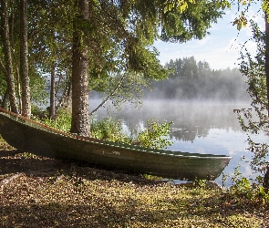 Mgła, Drzewa, Łódka, Jezioro