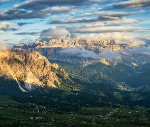 Chmury, Dolina, Seceda, Włochy, Dolomity, Szczyt, Góry