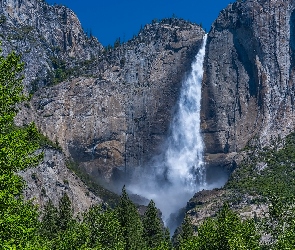 Kalifornia, Park Narodowy Yosemite, Drzewa, Stany Zjednoczone, Upper Yosemite Falls, Góry, Wodospad