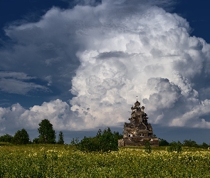 Łąka, Cerkiew, Niebo, Chmury