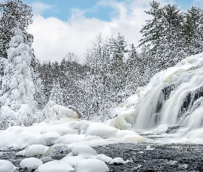 Zima, Michigan, Wodospad, Stany Zjednoczone, Bond Falls, Ontonagon River, Śnieg, Drzewa, Rzeka