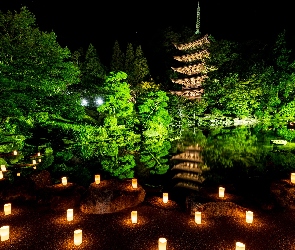 Drzewa, Pagoda, Park Kozan, Lampiony, Yamaguchi, Staw, Japonia, Świątynia Rurikoji