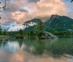 Drzewa, Skały, Bawaria, Góry, Jezioro Hintersee, Niemcy, Berchtesgaden