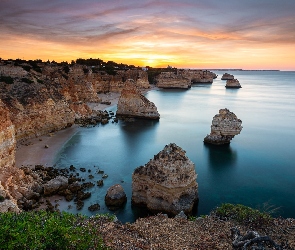 Region Algarve, Ocean Atlantycki, Skały, Portugalia, Zachód słońca, Wybrzeże, Morze