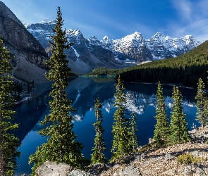 Prowincja Alberta, Góry, Kanada, Park Narodowy Banff, Drzewa, Jezioro Moraine, Odbicie, Śnieg