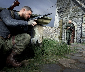 Gra, Żołnierz, Snajper, Sniper Elite 5, Mur, Mężczyzna, Kamienny