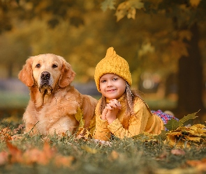 Drzewo, Łąka, Czapka, Liście, Golden retriever, Dziewczynka, Pies