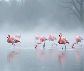 Grafika, Mgła, Flamingi, Ptaki