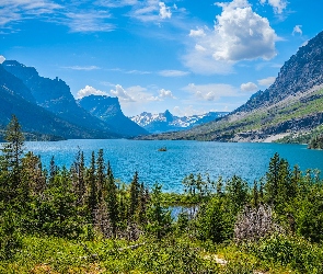 Montana, Saint Mary Lake, Stany Zjednoczone, Jezioro, Drzewa, Park Narodowy Glacier, Wysepka, Góry