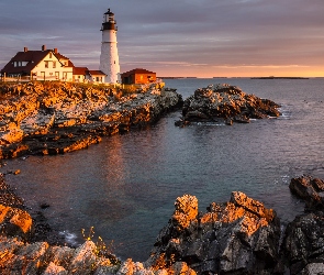 Portland Head Light, Latarnia morska, Stan Maine, Cape Elizabeth, Skały, Stany Zjednoczone, Morze