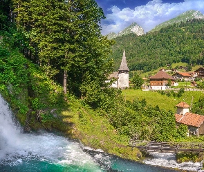 Drzewa, Wieś, Domy, Szwajcaria, Dolina, Jaun Waterfall, Lasy, Rzeka Jaunbach, Wodospad